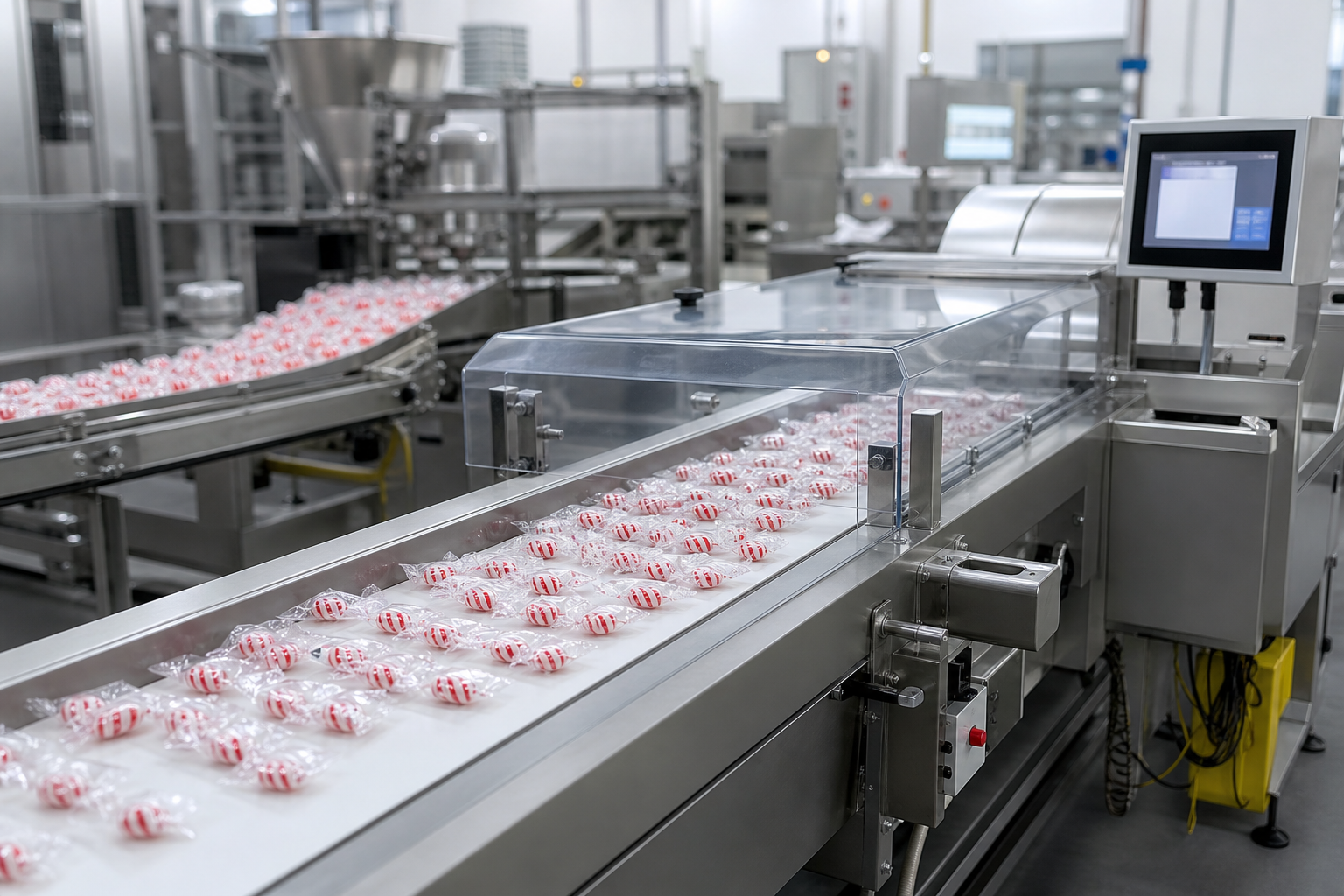Clean confectionery manufacturing detail with stainless processing line, wrapped candy packs, and orderly quality-control workspace