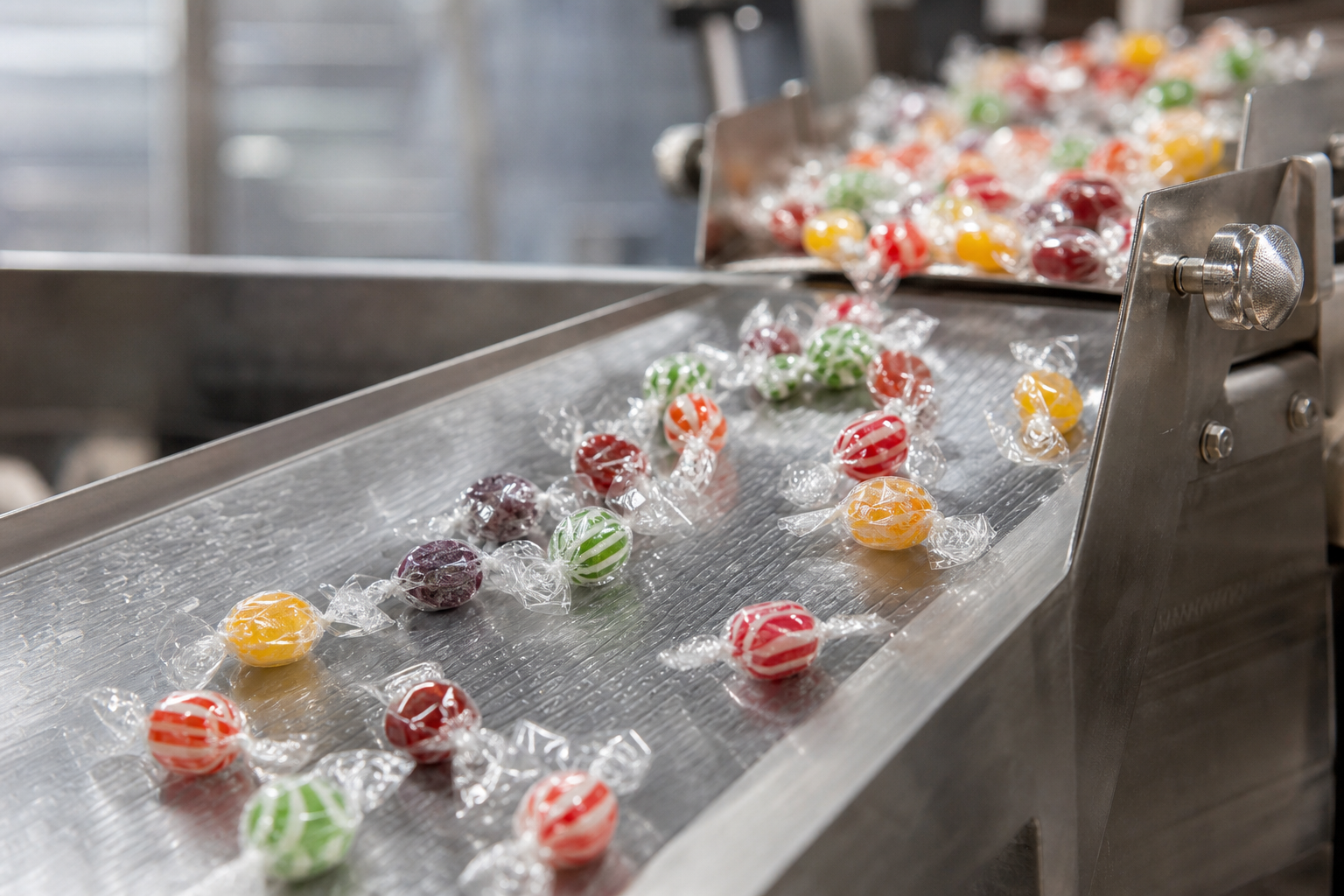 Close-up of confectionery production detail with wrapped candy pieces on a stainless steel processing surface