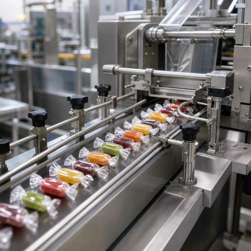 Close-up of confectionery packaging machinery guiding wrapped candy through a stainless-steel production line