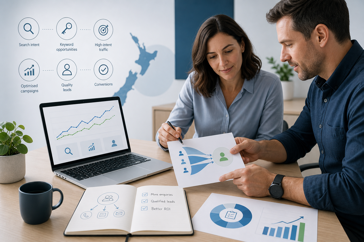 Polished business illustration of a Google Ads strategy planning scene with campaign trend lines, keyword notes, and a New Zealand service business context