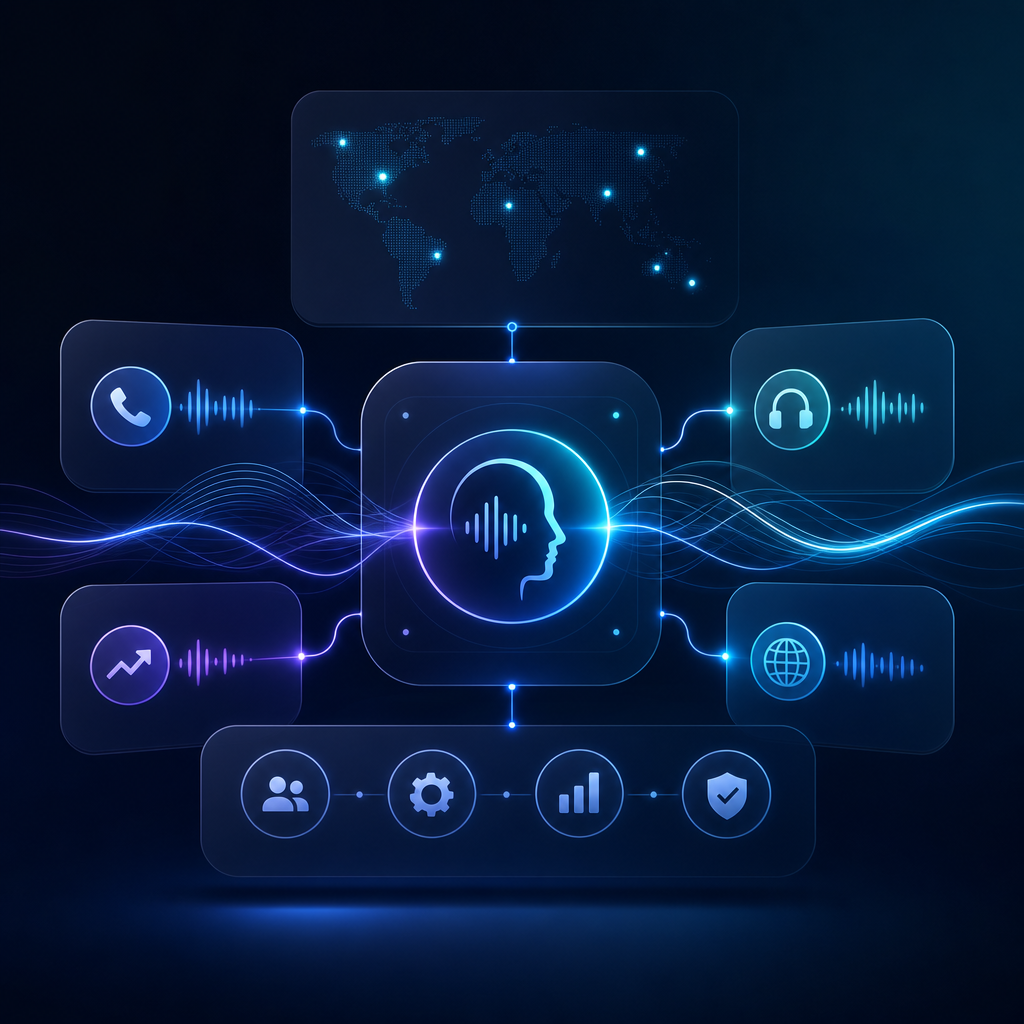Abstract AI voice orchestration visual with layered panels, waveform streams, and connection nodes