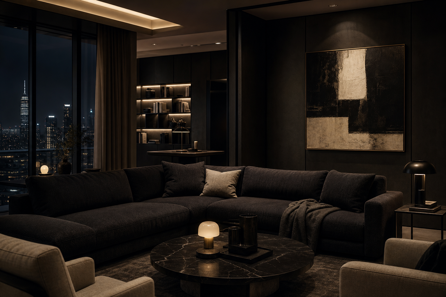 Luxury apartment interior with charcoal tones, textured fabrics, and ambient lighting