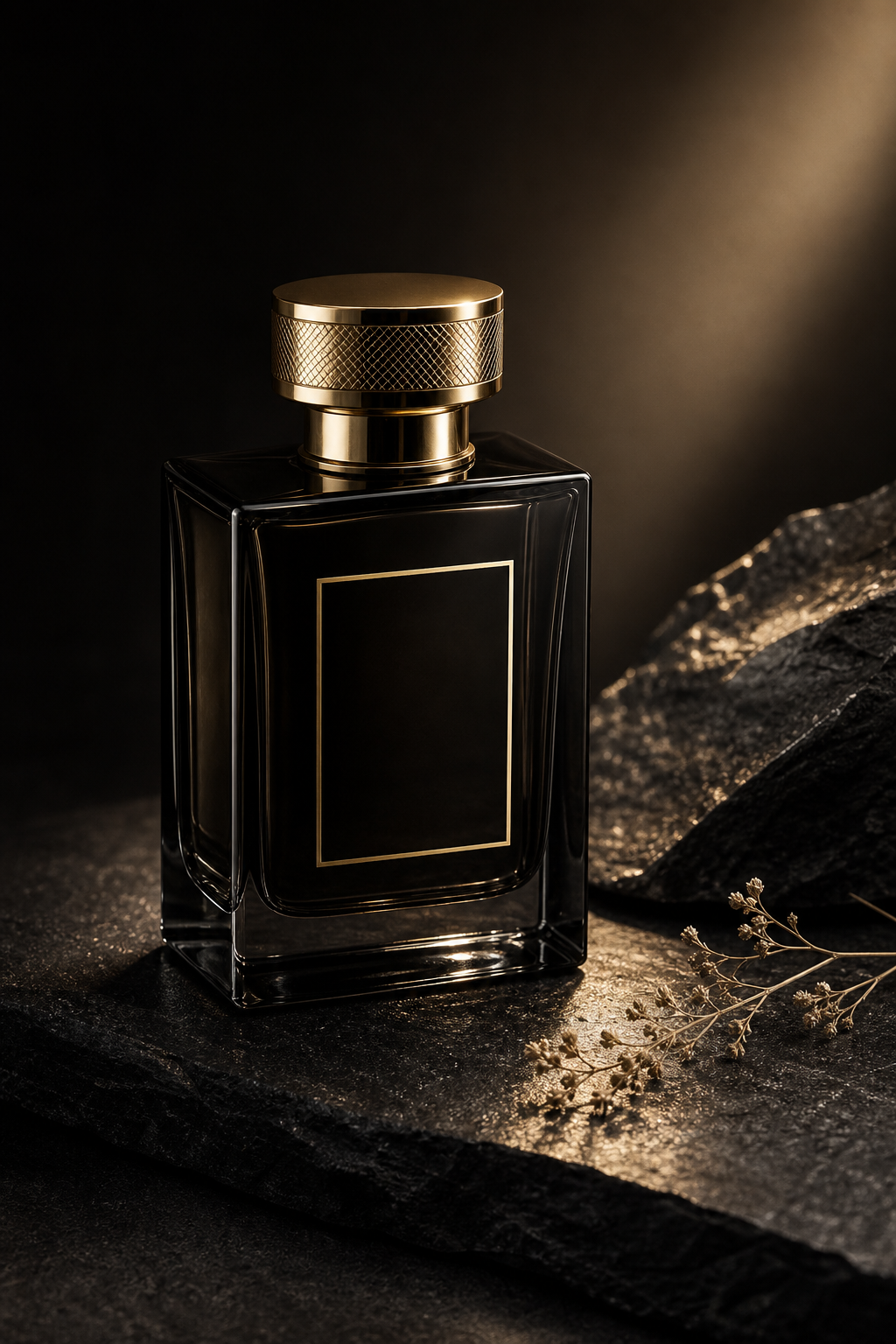 Luxury fragrance composition with a dark glass bottle and soft gold highlights