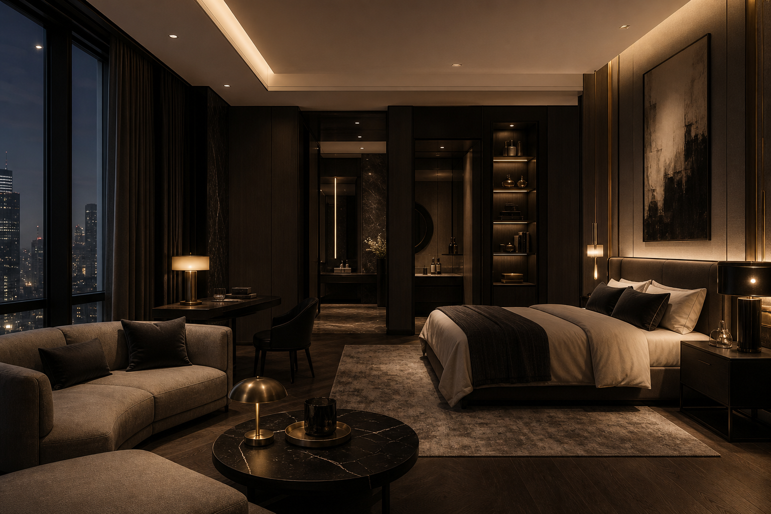 Cinematic luxury hotel suite interior with warm lighting and modern furnishings