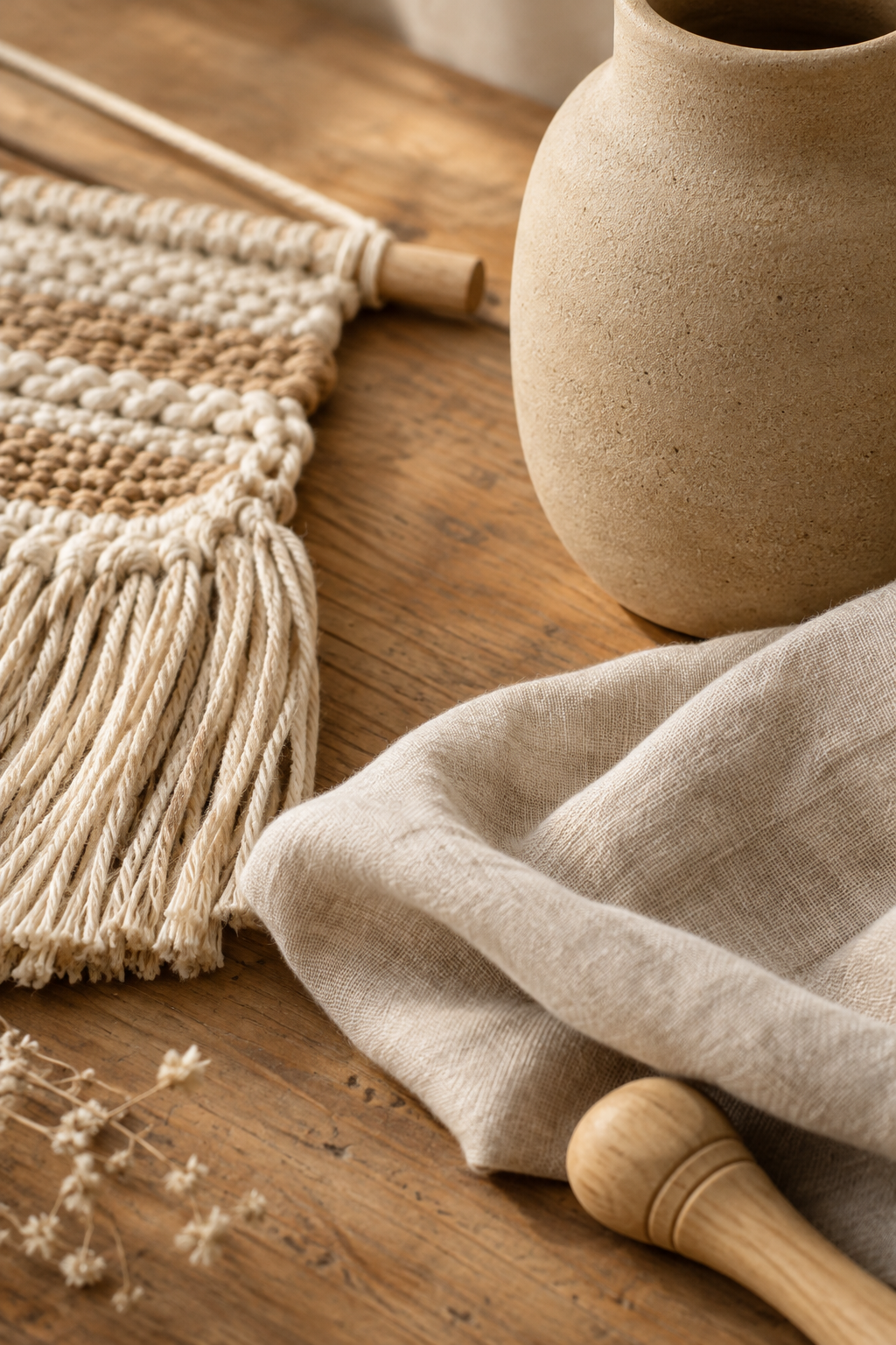 Close-up of natural woven fibers, clay texture, and soft linen in a warm artisan studio setting