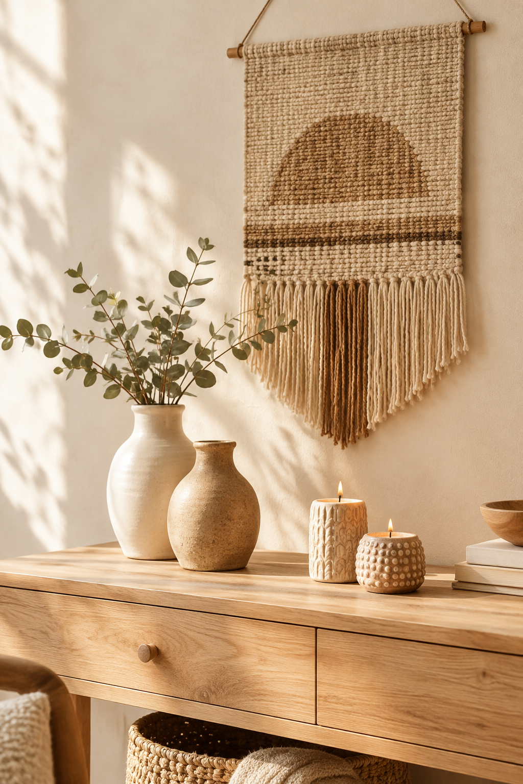 Warm artisan decor arrangement in a calm interior with ceramic vases, woven wall hanging, and handmade candle holders on a wooden console