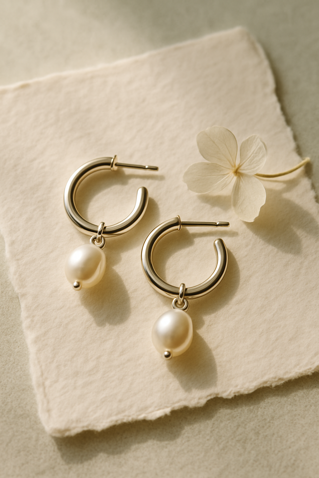 Pair of small silver hoop earrings with freshwater pearl drops placed on a sheet of textured handmade paper