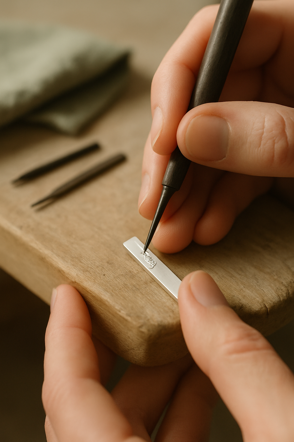 Close-up of an artisan's hands engraving initials onto a silver bar pendant with a fine hand tool on a wooden workbench