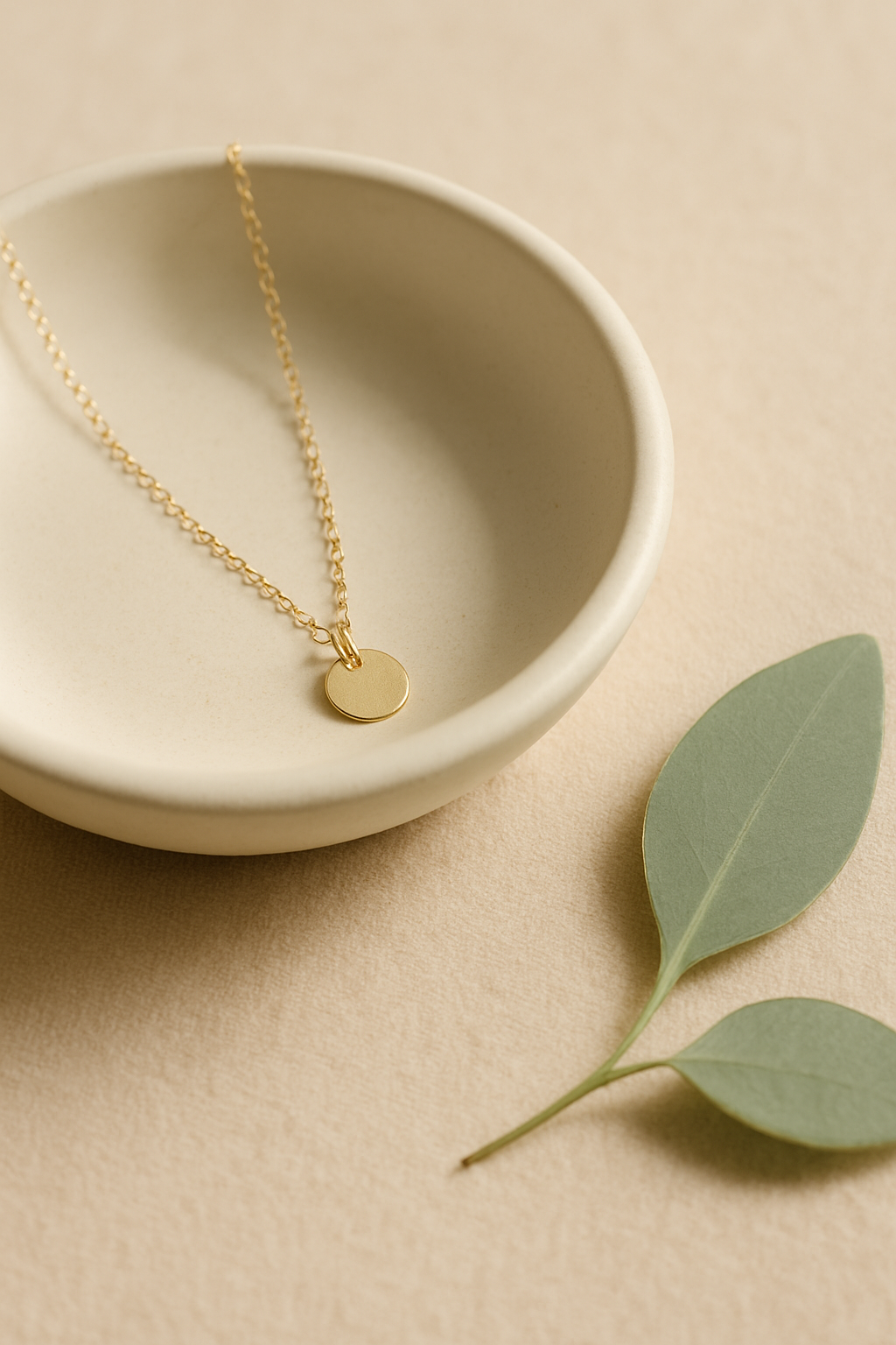 Fine gold chain necklace with a small hand-stamped disc pendant draped over a smooth cream ceramic dish