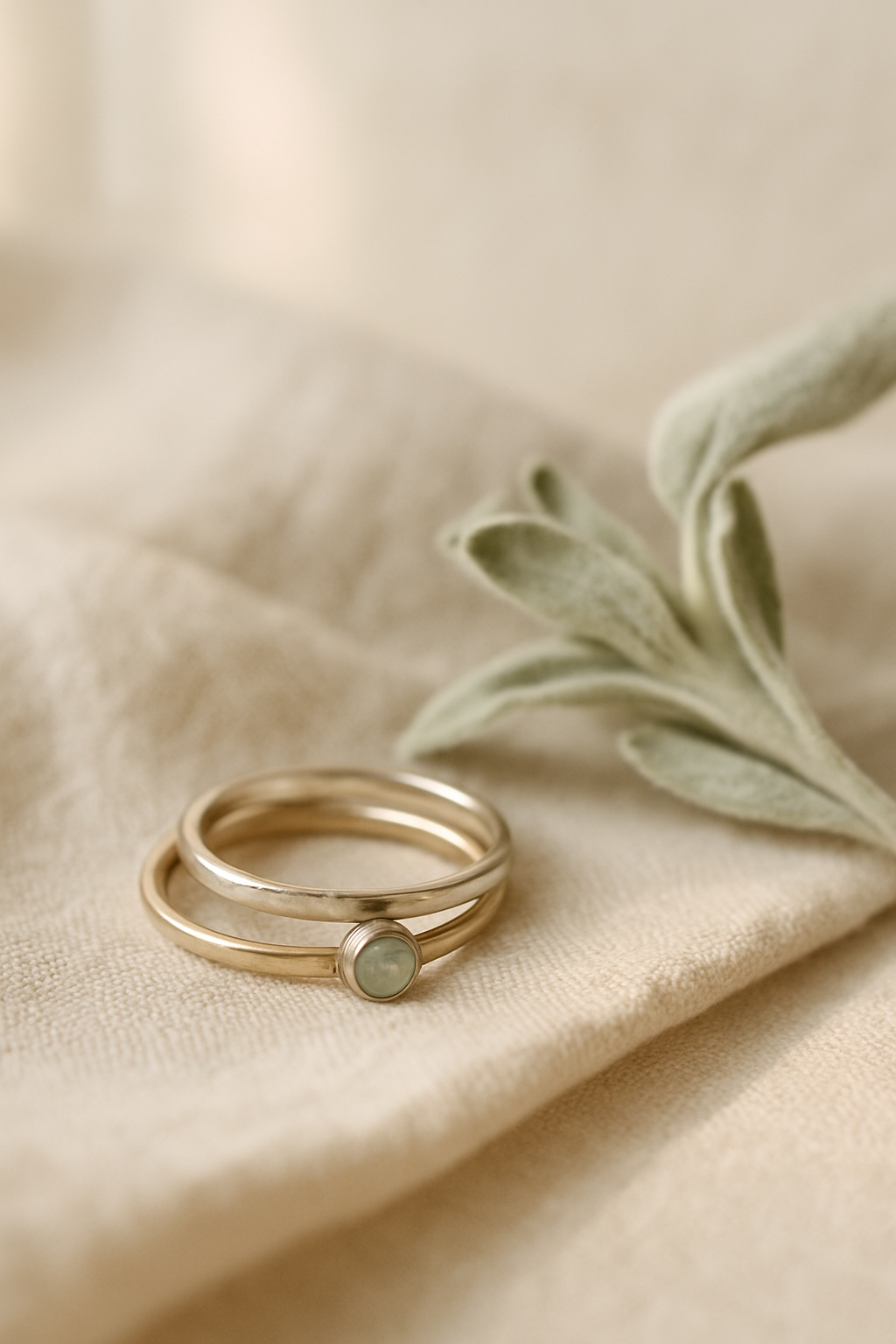 Handmade sterling silver and gold stacking rings resting on a folded oatmeal linen cloth beside a sprig of dried sage