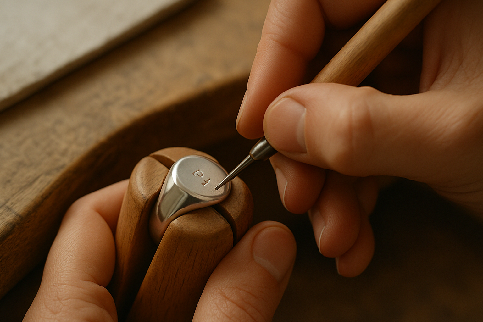 Close-up of an artisan's hands engraving an initial into a silver signet ring at a wooden workbench