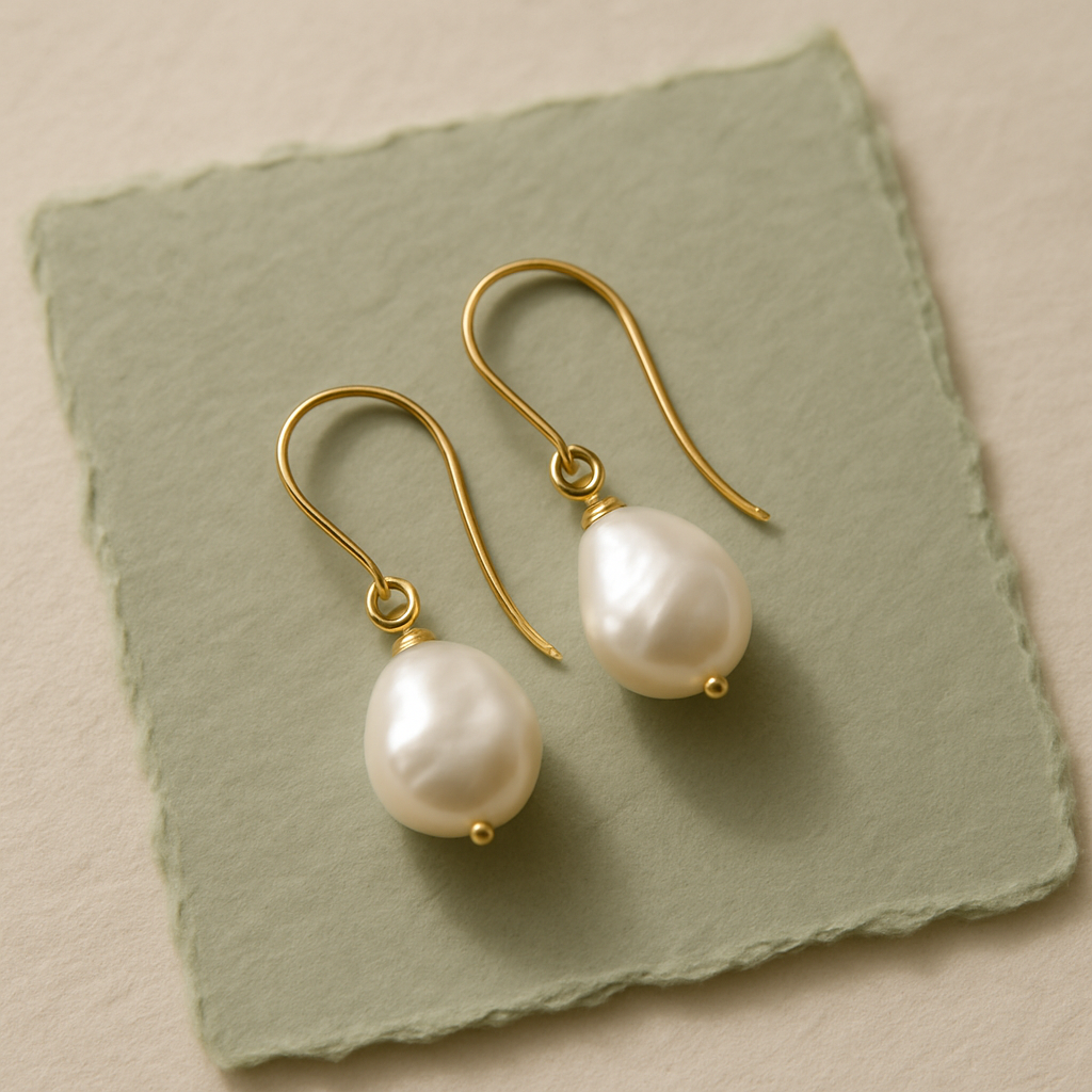 Pair of handmade freshwater pearl drop earrings with gold wire hooks on sage green paper