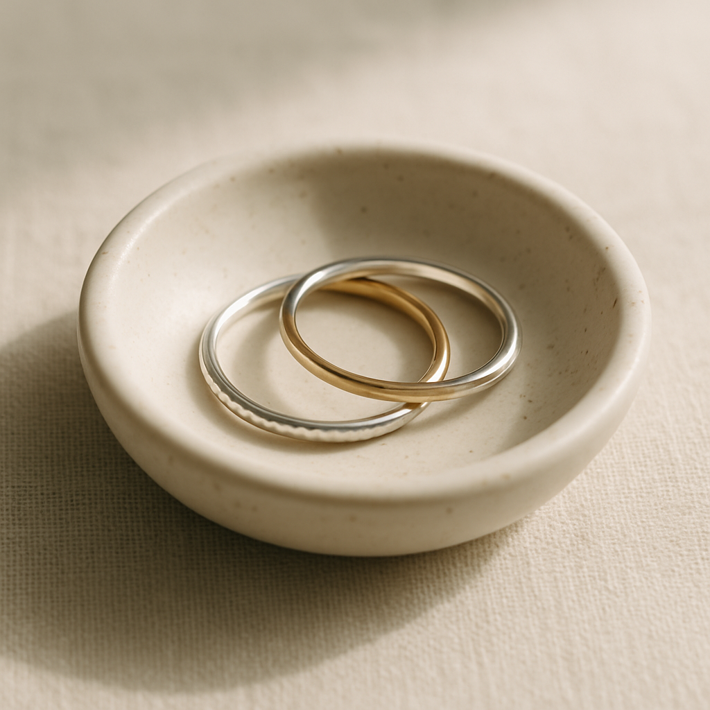 Three thin stacking rings in silver and warm gold resting on a small ceramic dish