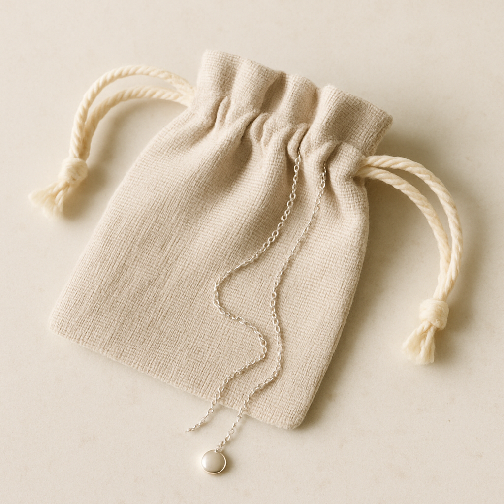 Oatmeal linen drawstring pouch holding a delicate silver necklace