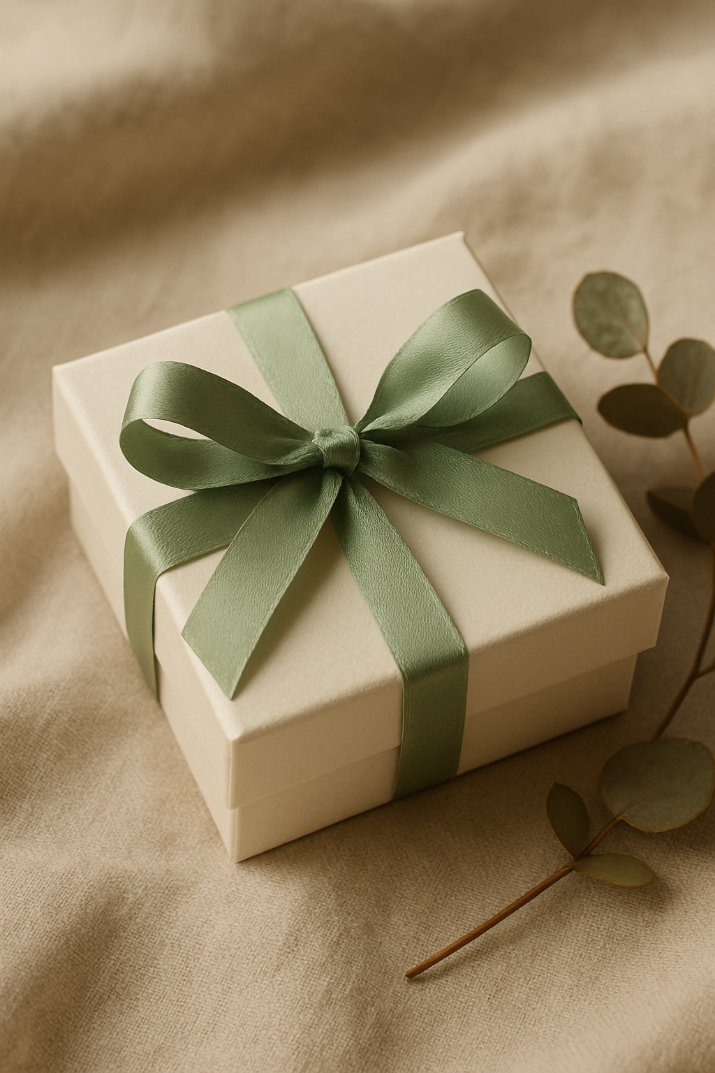 Cream gift box tied with a sage satin ribbon on warm linen