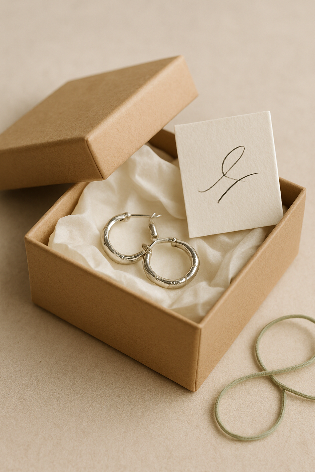 Kraft box with folded tissue paper and a small handwritten gift card