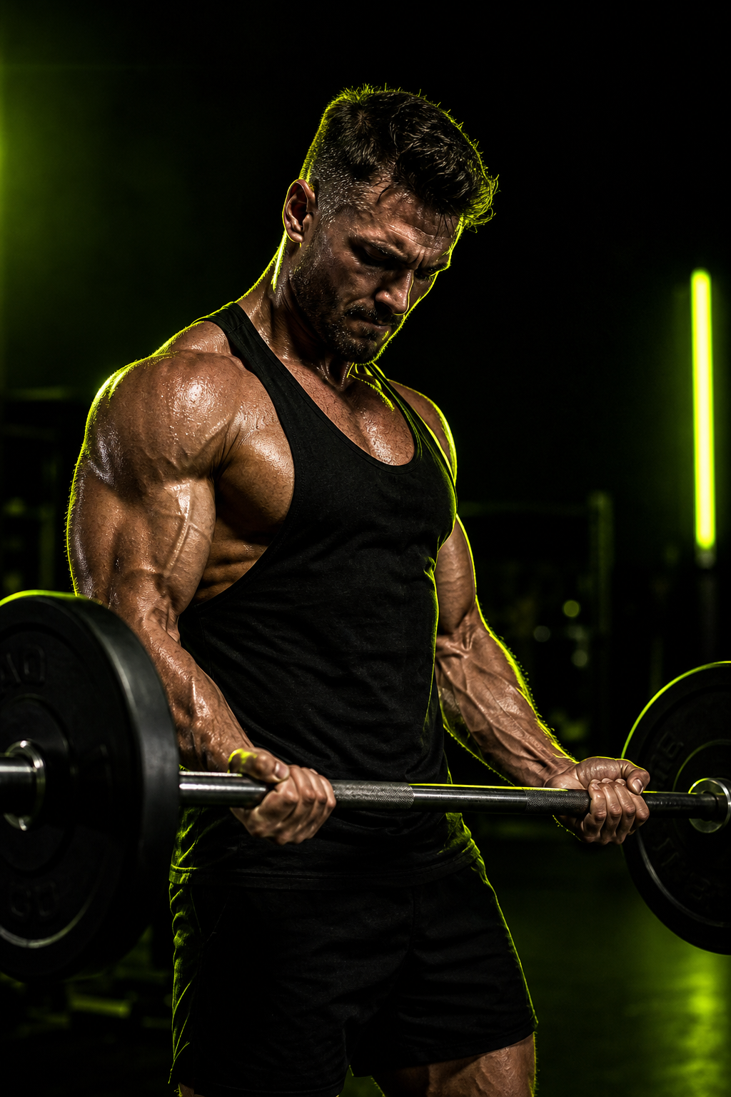 Muscular athlete mid-workout, dramatic lighting