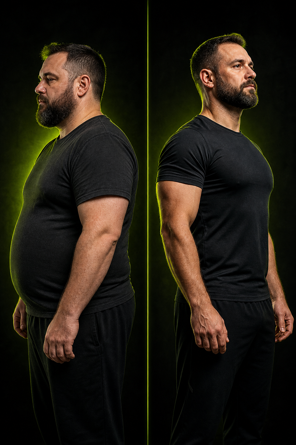 Before and after split-screen transformation photo of a heavier-set man standing taller with improved posture and confident stance