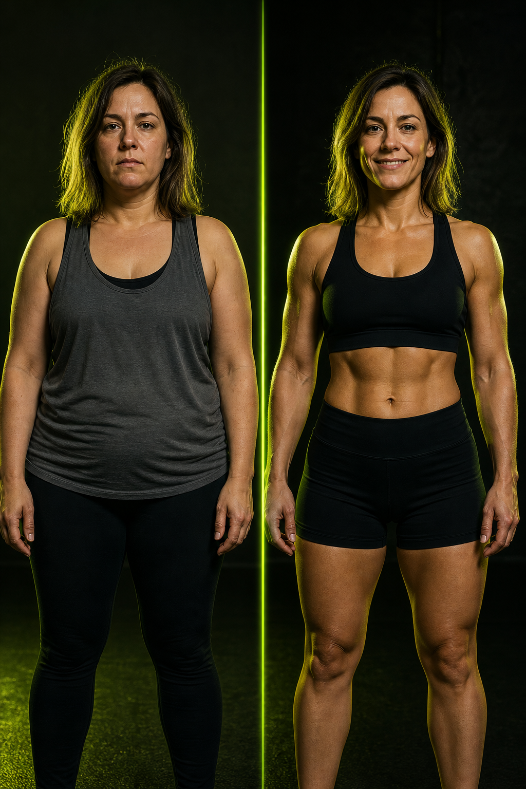 Before and after split-screen transformation photo of a middle-aged woman with a brighter, more energetic appearance and toned arms