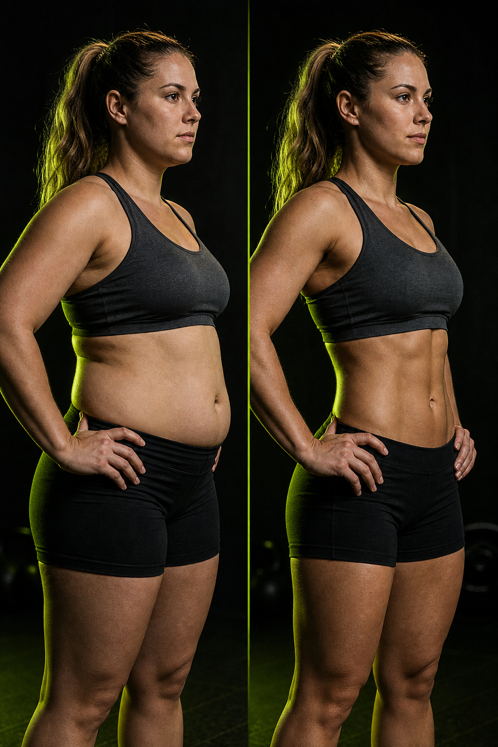 Before and after split-screen transformation photo of a lean athletic woman showing reduced body fat and defined midsection
