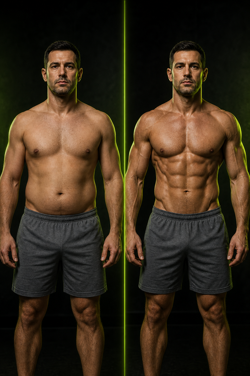 Before and after split-screen transformation photo of a client showing improved muscle tone and strength