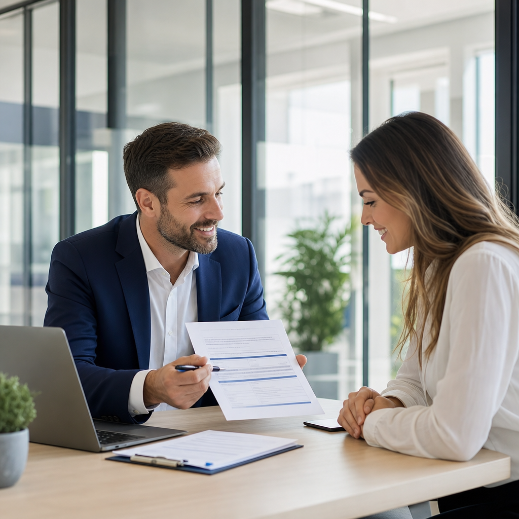Professional insurance agent explaining a policy to a customer in a modern office