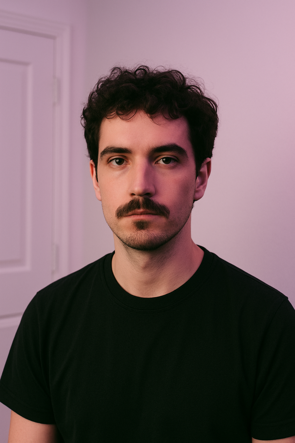 Portrait of a person facing the camera indoors with curly dark hair and a short mustache-goatee, lit by purple-pink ambient light with a door and wall visible in the background