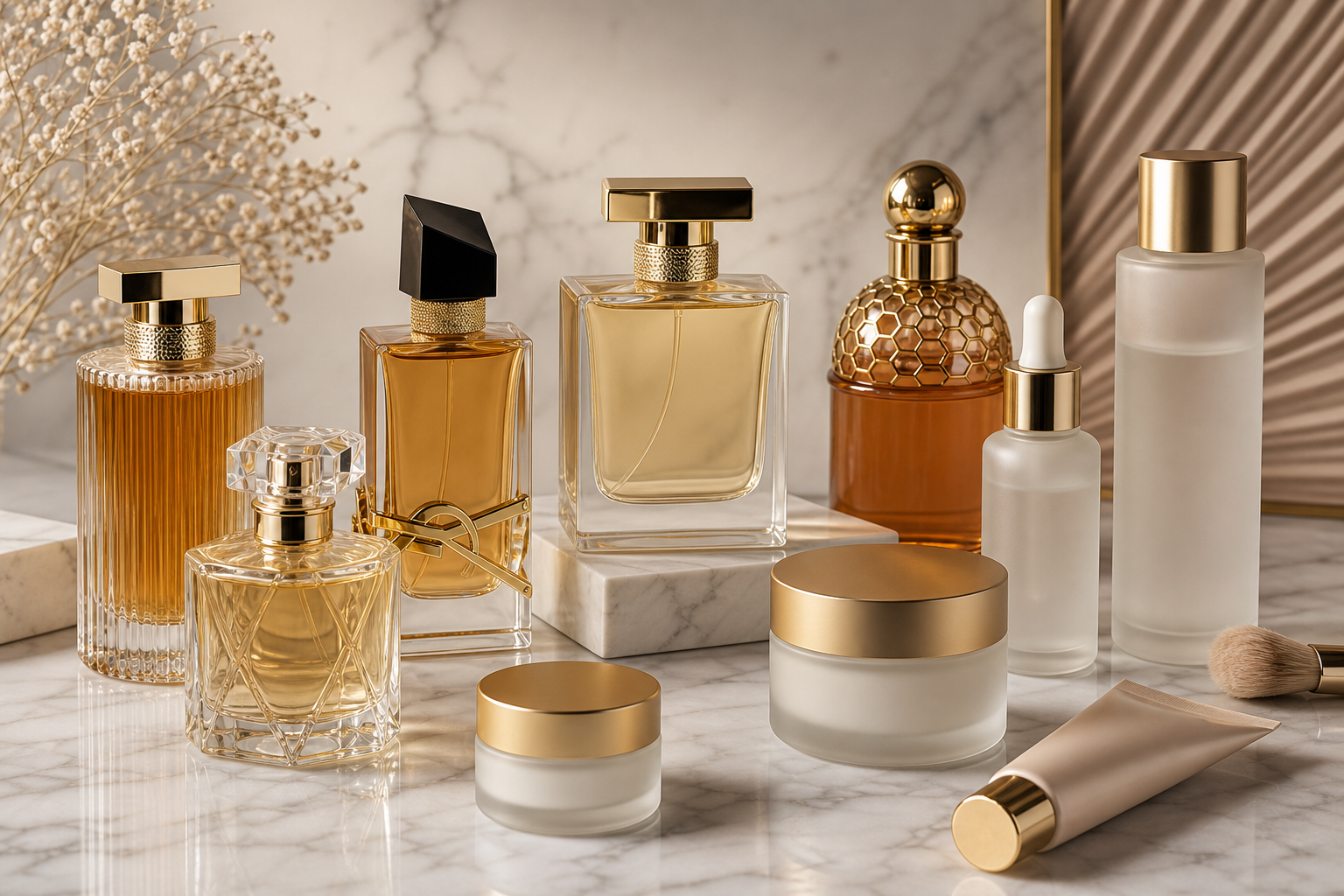 Curated selection of premium perfume bottles, skincare jars, and cosmetic packaging arranged on a sleek marble surface