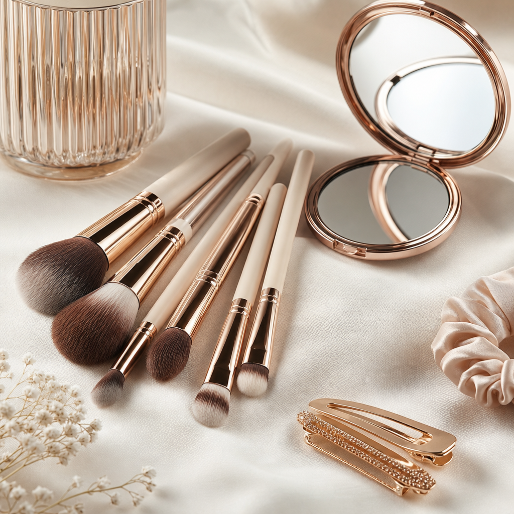 Elegant cosmetic brushes and beauty accessories arranged on a soft fabric backdrop
