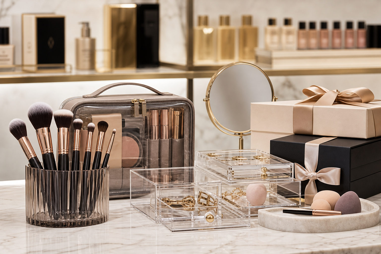 Elegant assortment of cosmetic accessories including makeup brushes, travel organizers, display trays, and gift packaging arranged on a premium retail counter