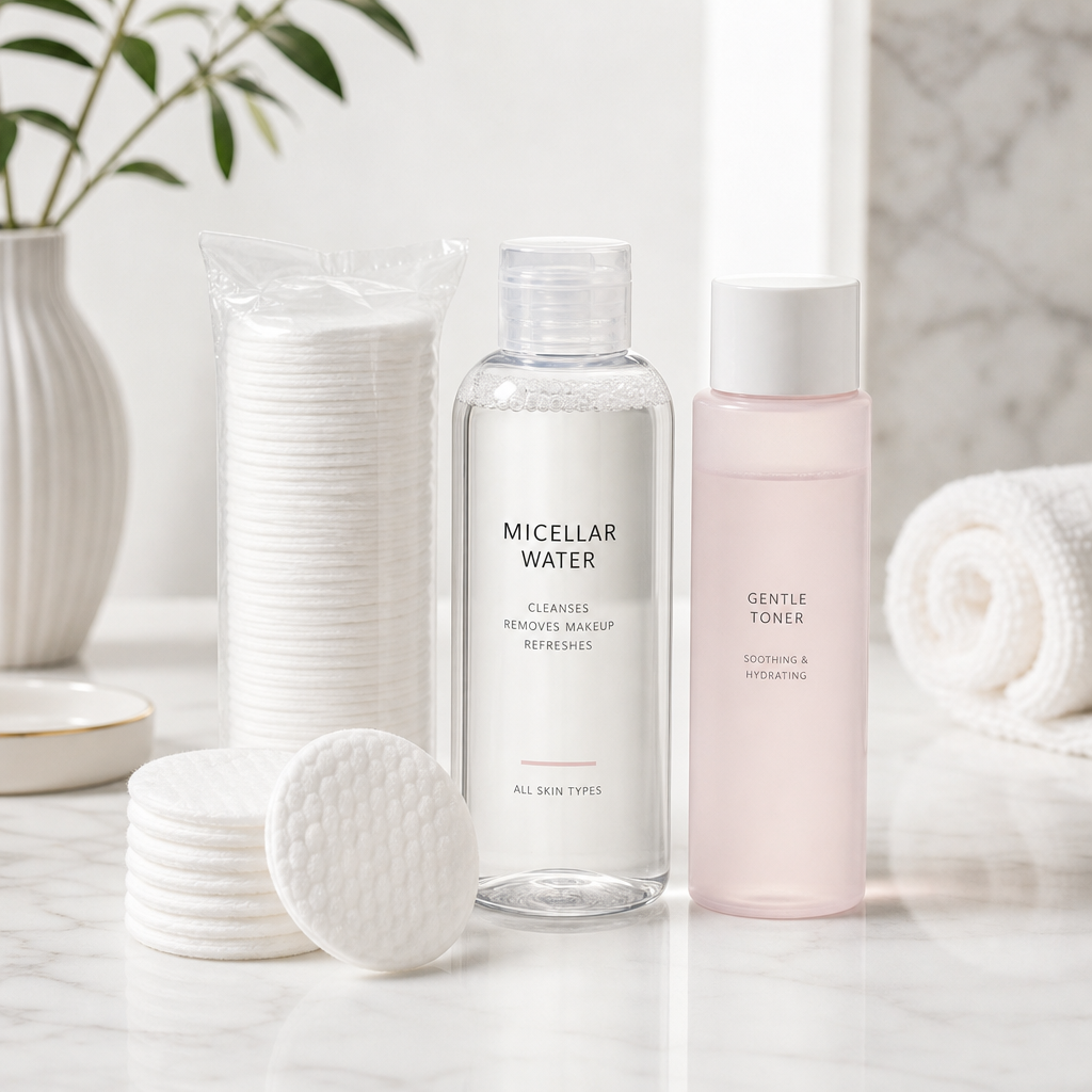 Beauty basics assortment with cotton pads, micellar bottle, and gentle toner