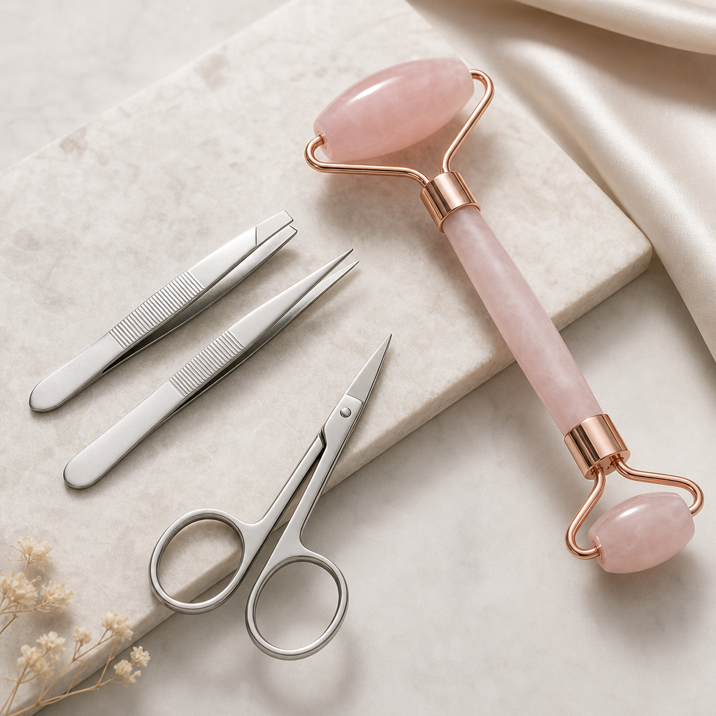Set of stainless steel beauty tools including tweezers, cuticle scissors, and a facial roller