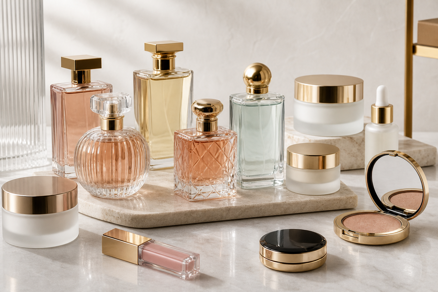 Curated selection of premium beauty products including perfume bottles, skincare jars, and cosmetic compacts arranged on a modern neutral countertop