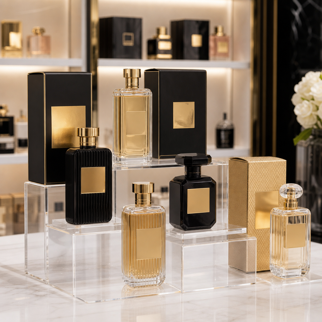 Boutique-ready perfume display with acrylic risers and branded packaging