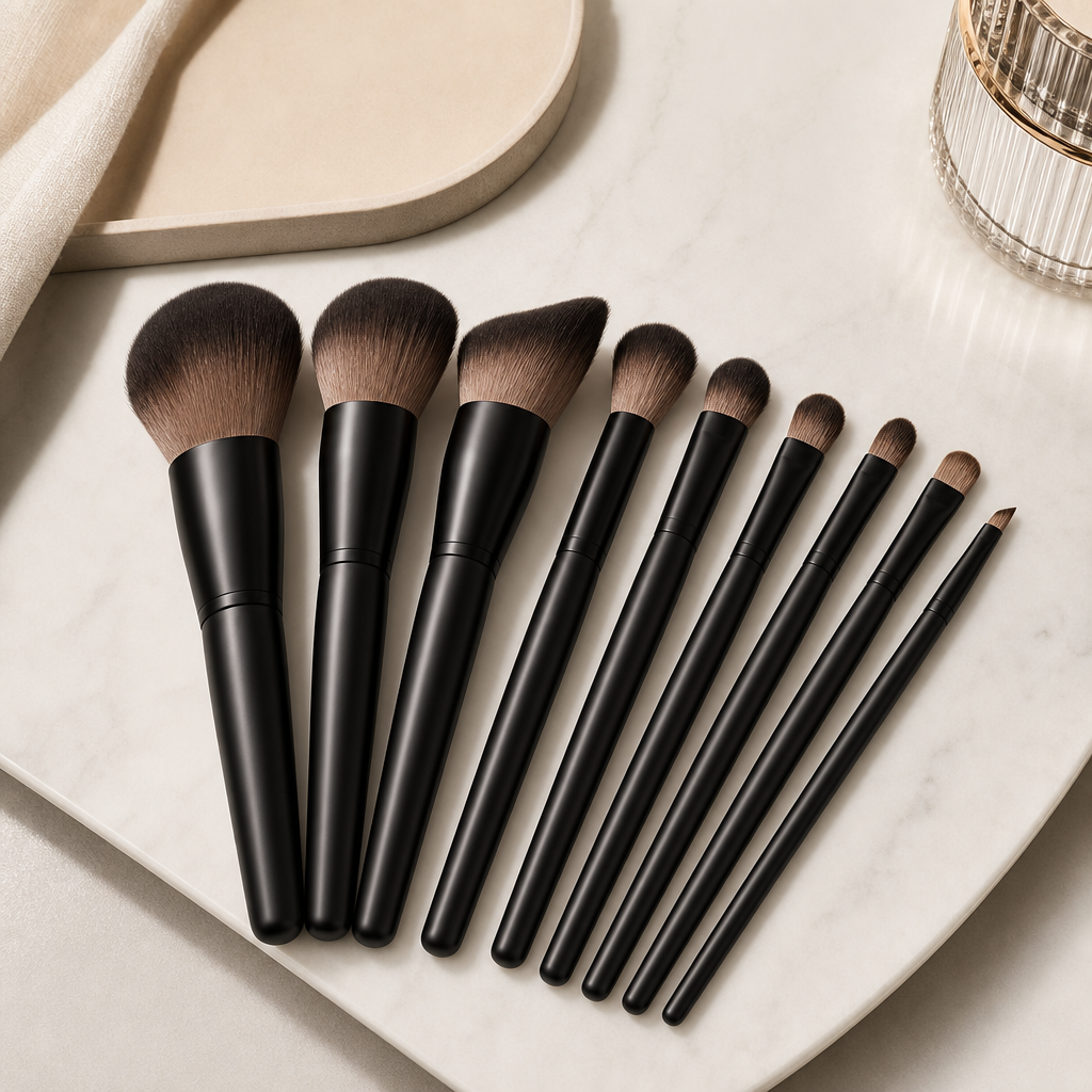 Professional makeup brush set with black matte handles and soft brown bristles laid on a neutral surface