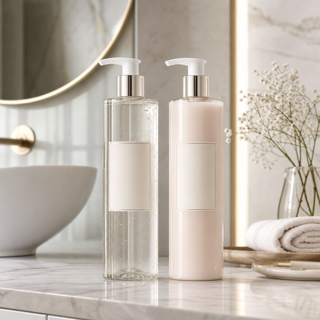 Cleansing gels and milks in tall pump bottles with clear and soft blush liquids