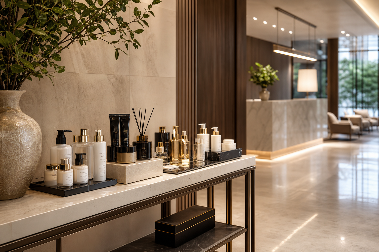 Premium commercial space lobby with curated beauty amenity display