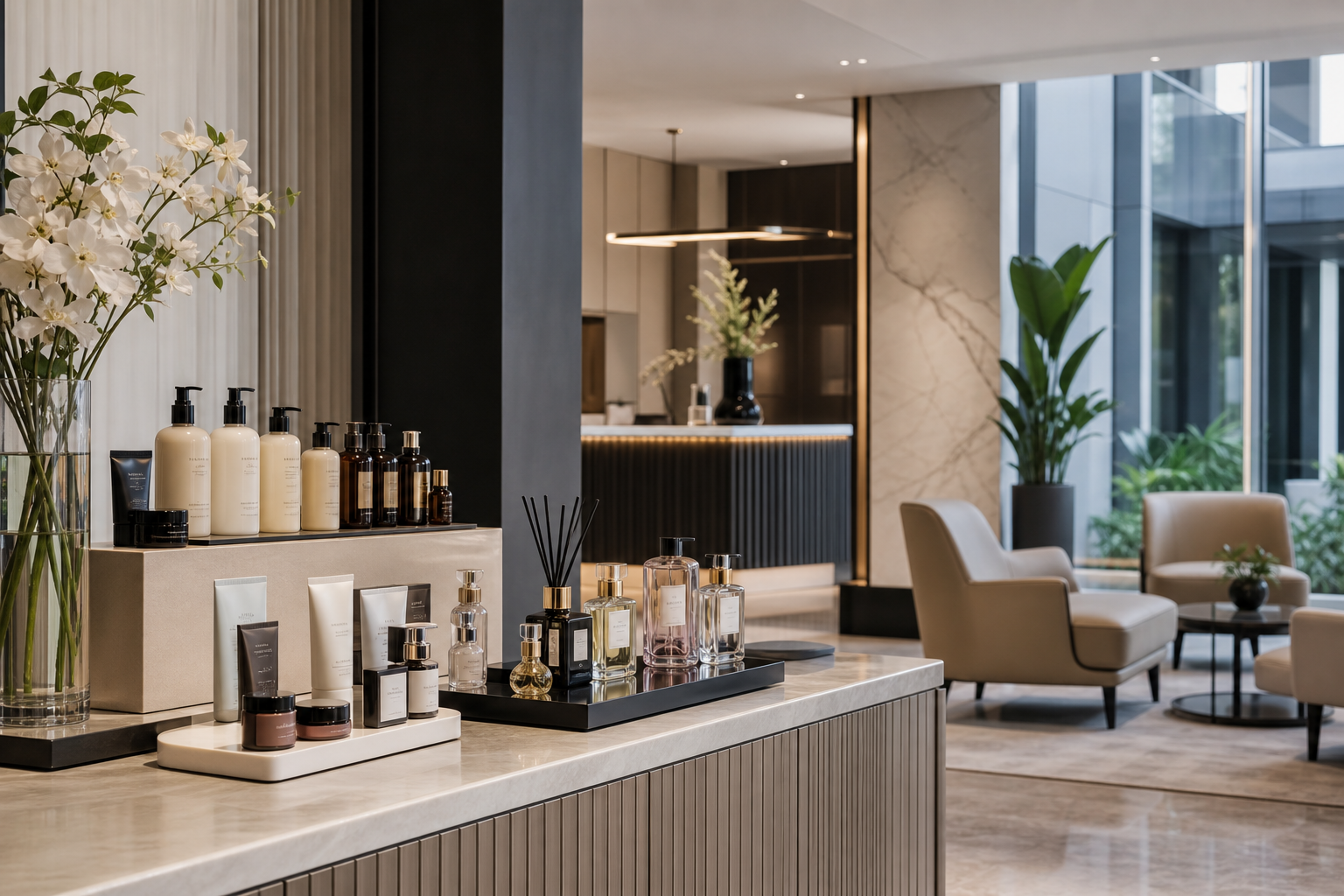Contemporary commercial lobby with a curated beauty display and amenity station for clients and visitors