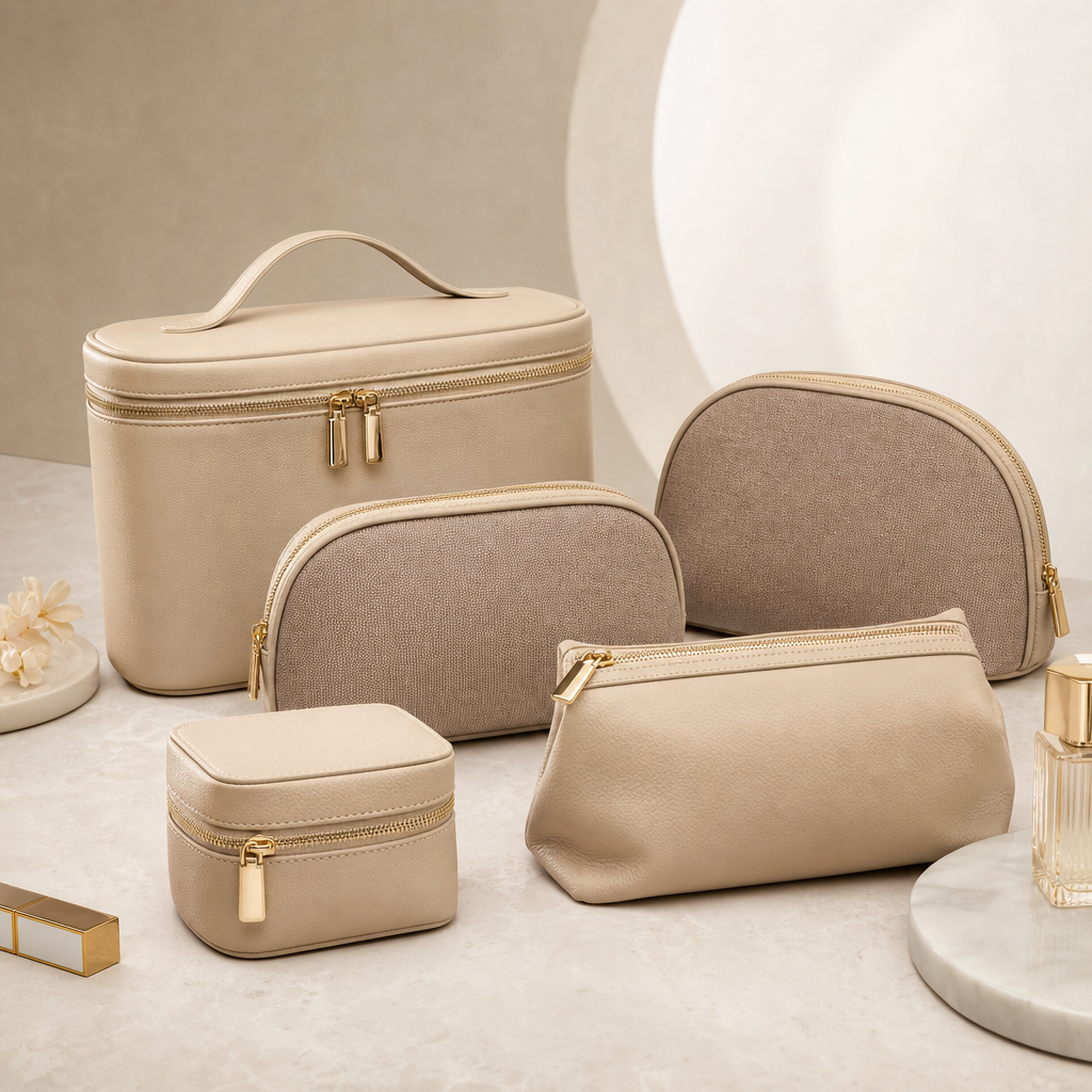 Set of premium cosmetic bags in beige leather and soft taupe fabric, arranged with gold zipper details