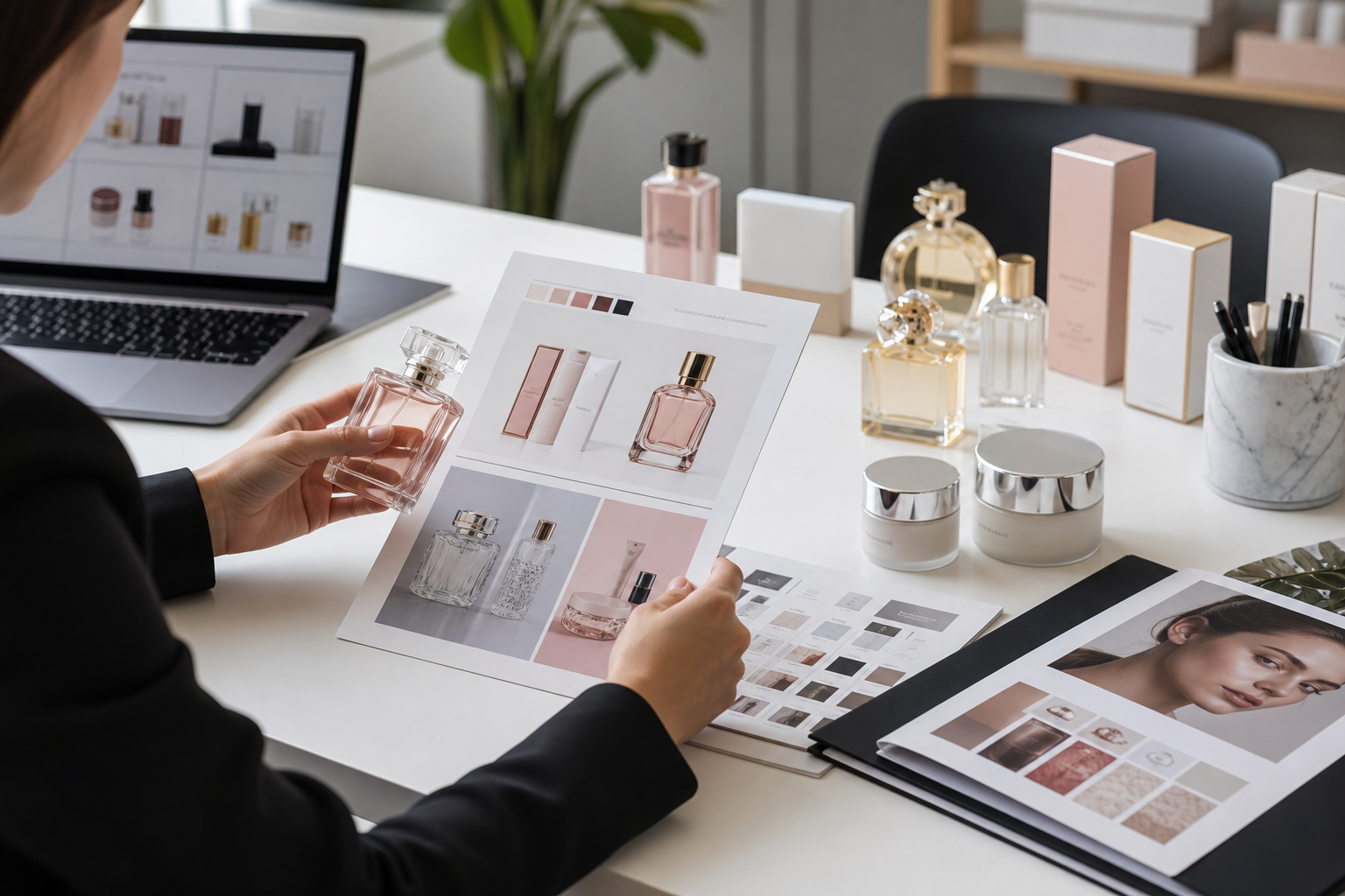 Professional buyer reviewing beauty samples and product catalog sheets on a desk with perfume bottles