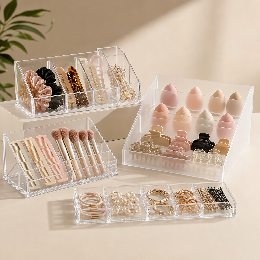 Acrylic countertop display trays in clear and frosted finishes holding beauty accessories for retail