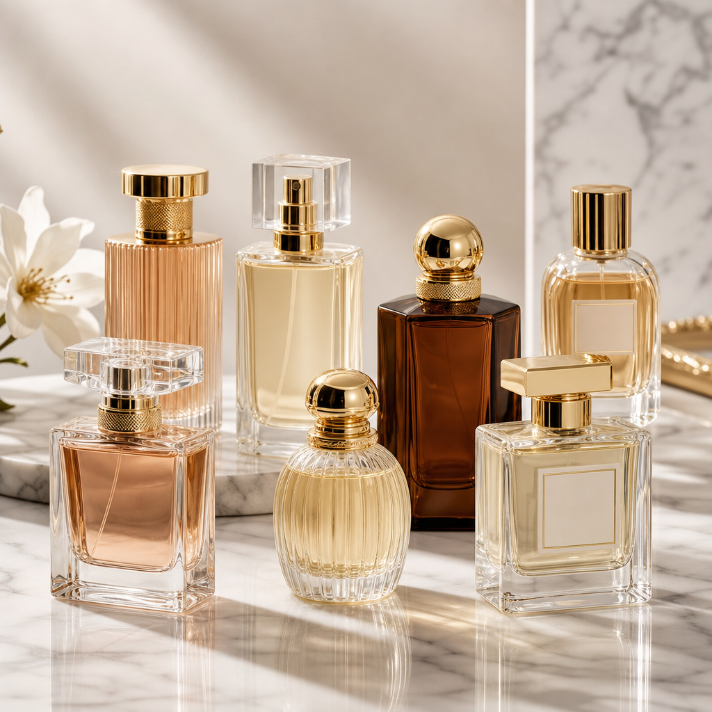 Assorted eau de parfum bottles in clear and amber glass with gold caps
