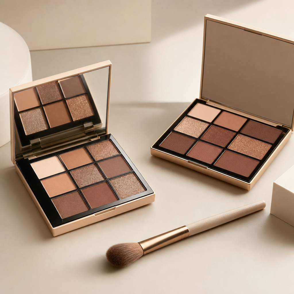 Neutral-toned eye shadow palettes with metallic and matte pans and a soft brush