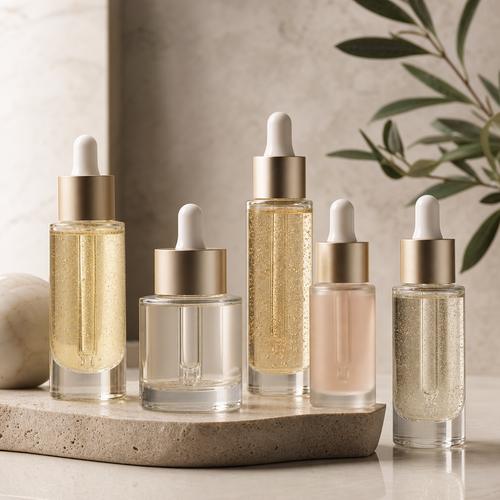 Luxury facial serums in sleek glass dropper bottles with pale gold caps on a neutral beauty counter