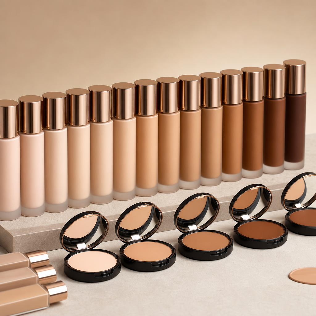 Foundation bottles and compacts in multiple skin tones arranged in a gradient row