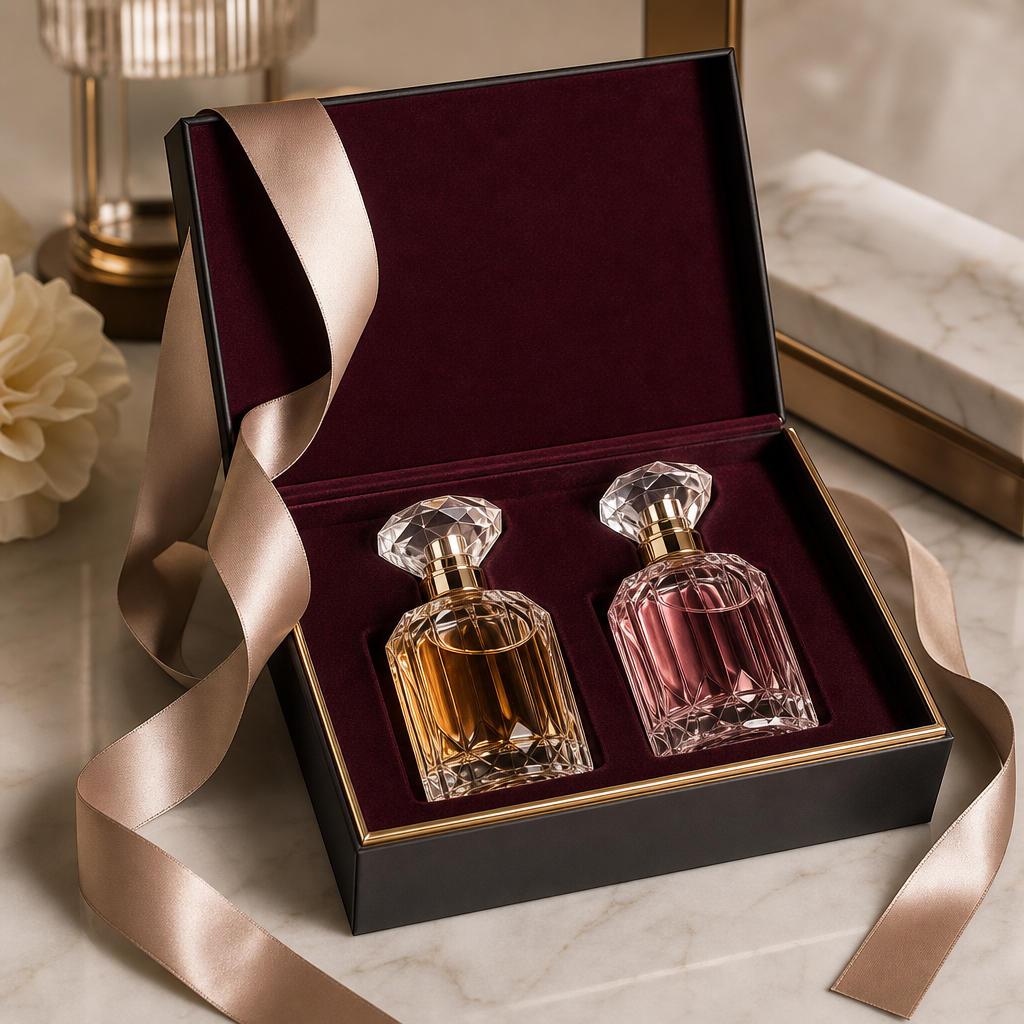 Luxury gift fragrance box with velvet interior and two crystal bottles