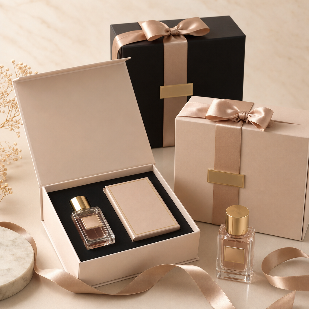 Elegant perfume gift set boxes with ribbon accents on a neutral background