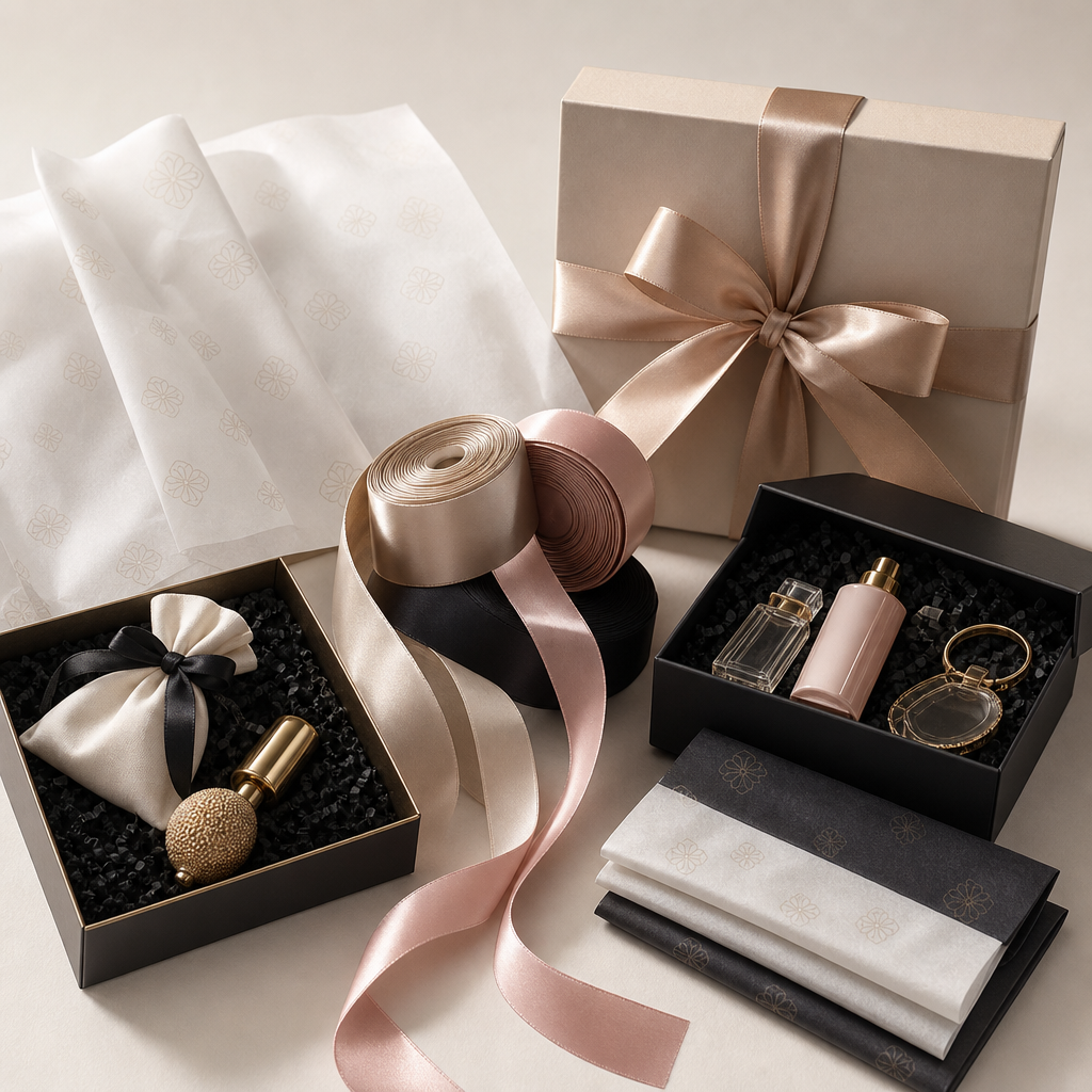 Luxury gift-support items including satin ribbons, branded tissue paper, and boxed accessory kits