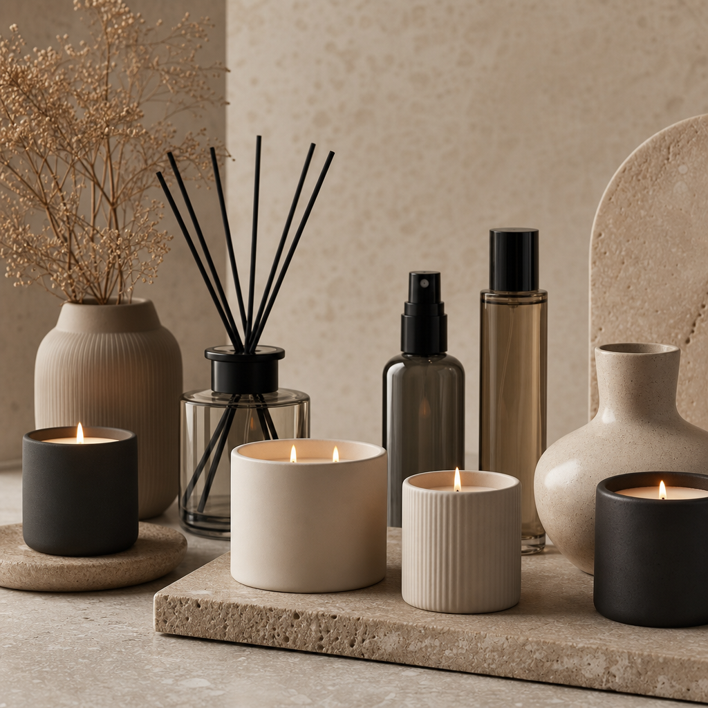 Modern home fragrance selection with candles, sprays, and ceramic vessels