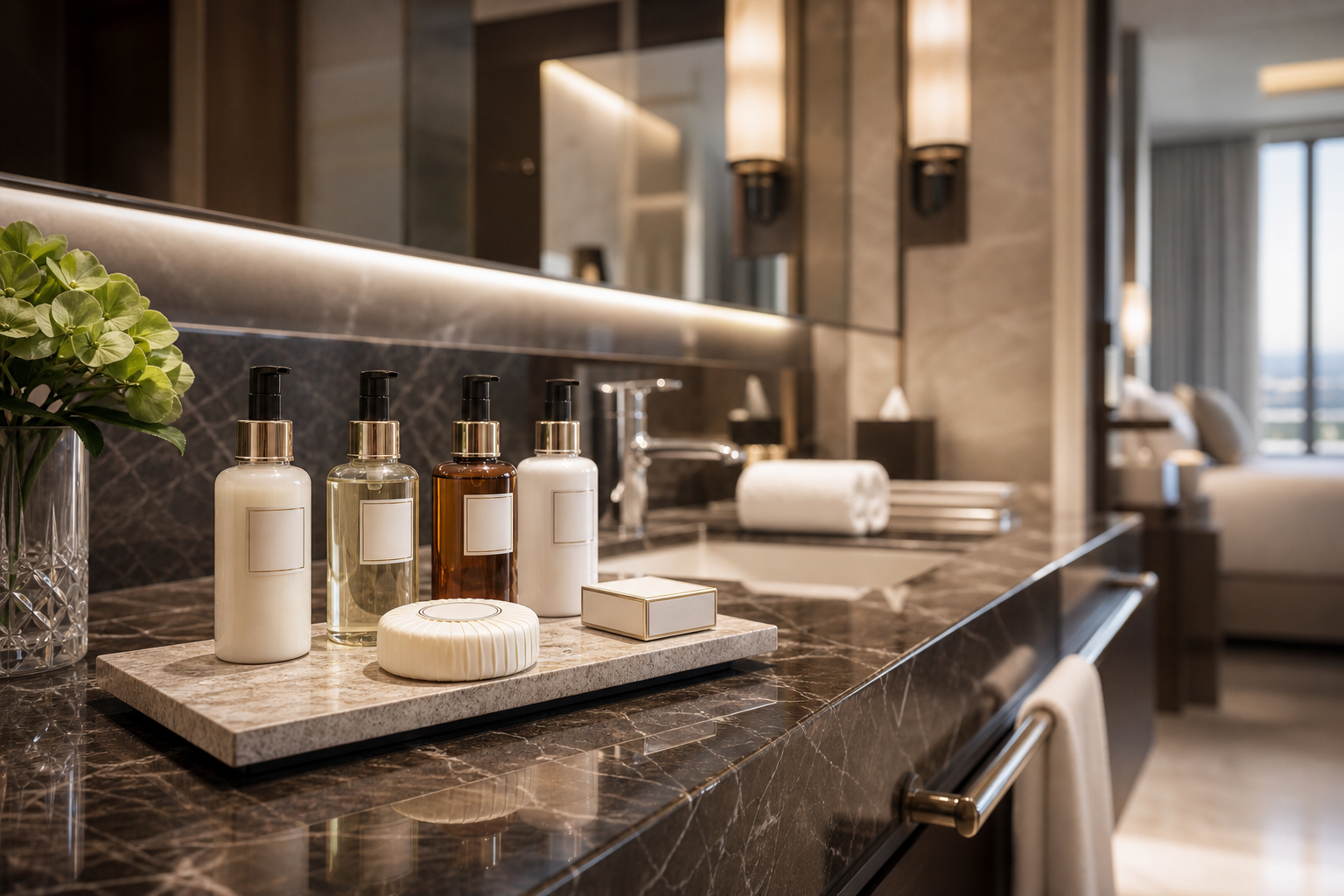 Upscale hotel bathroom with premium toiletries and fragrance amenities